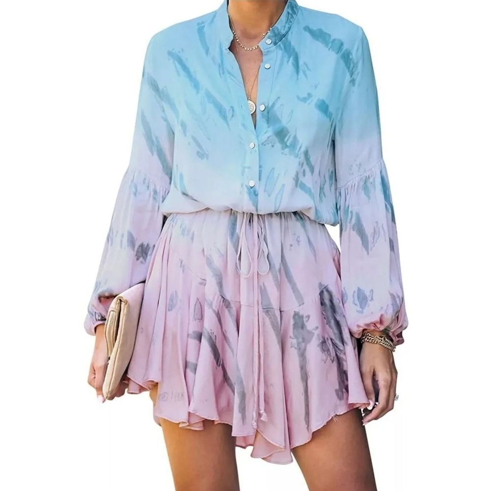 Clarisbelle Blue and Pink Tie Front Sundress with Bishop Sleeves Size XS